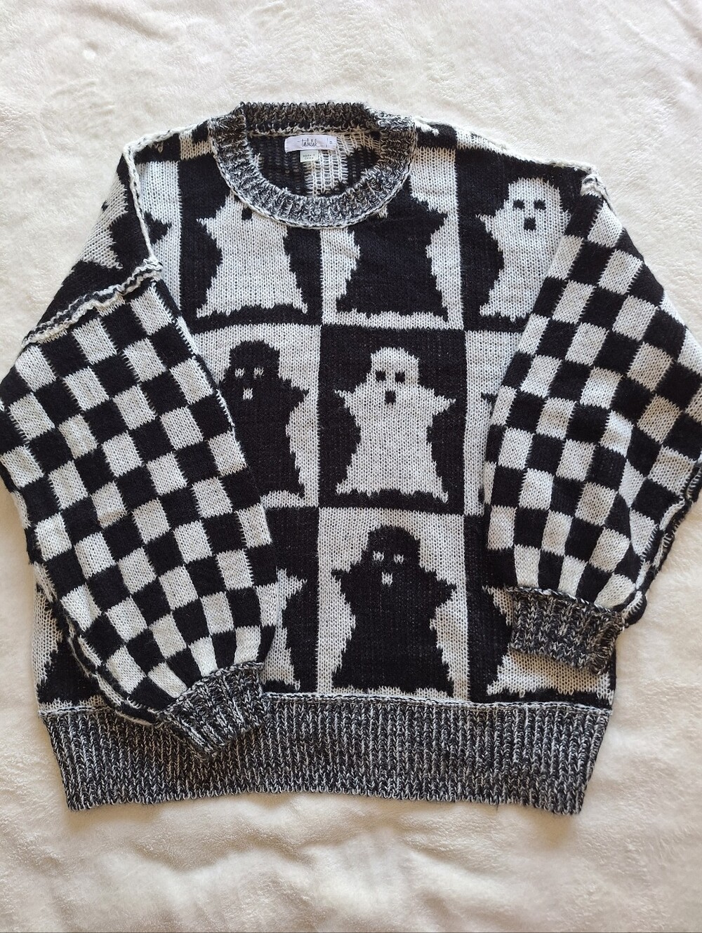 Talulah Ghost Checkerboard Knit Oversized Halloween Crewneck Sweater Small S